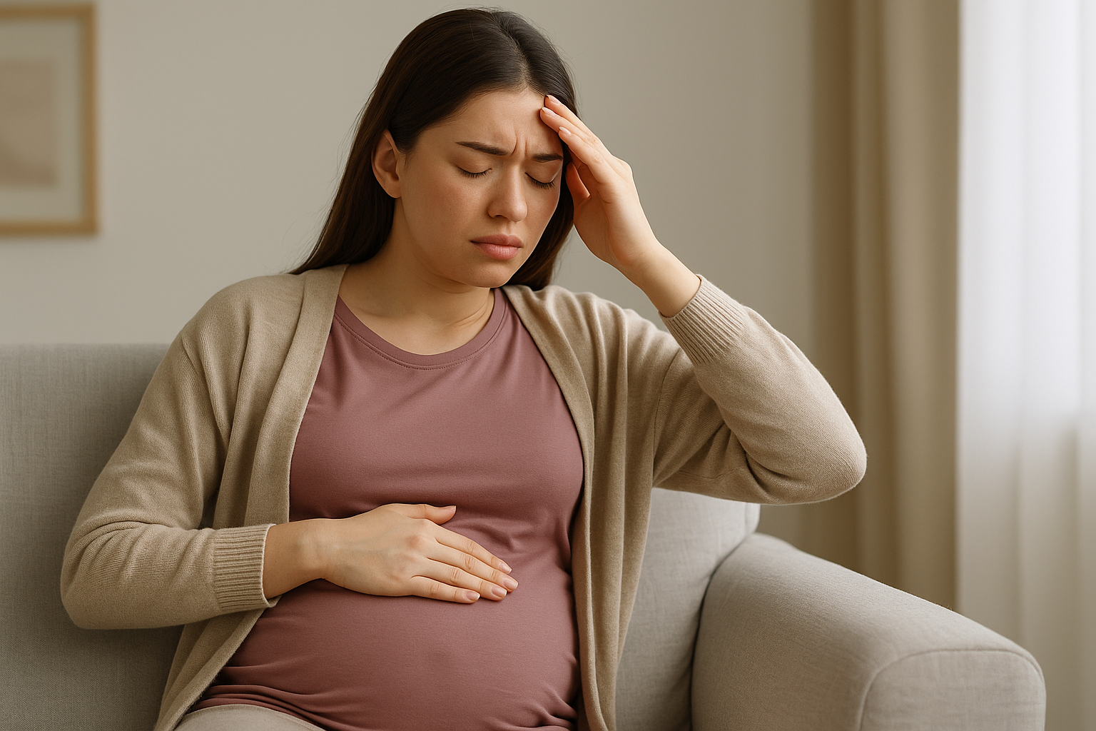 Pregnant woman resting with hand on belly and head, showing early pregnancy discomfort.